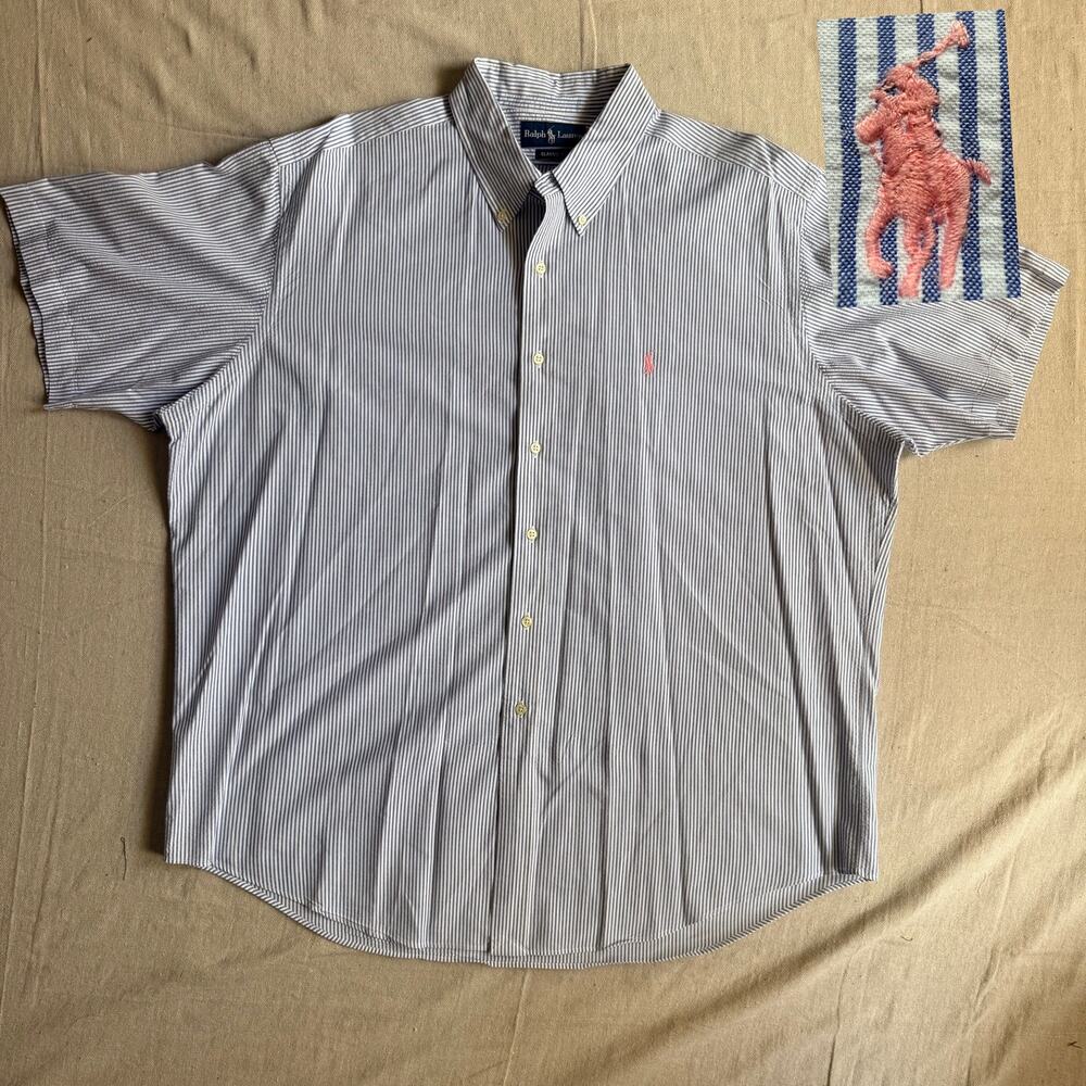 Vintage Polo Ralph Lauren Shirt Men's XXL Blue Vertical Stripe Seersucker Oxford